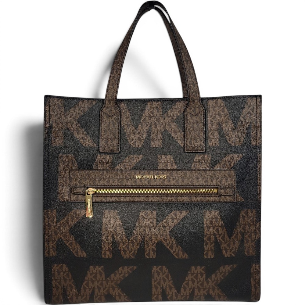New Michael Kors Kenly Large Tote Black Brown Multi Monogram Canvas